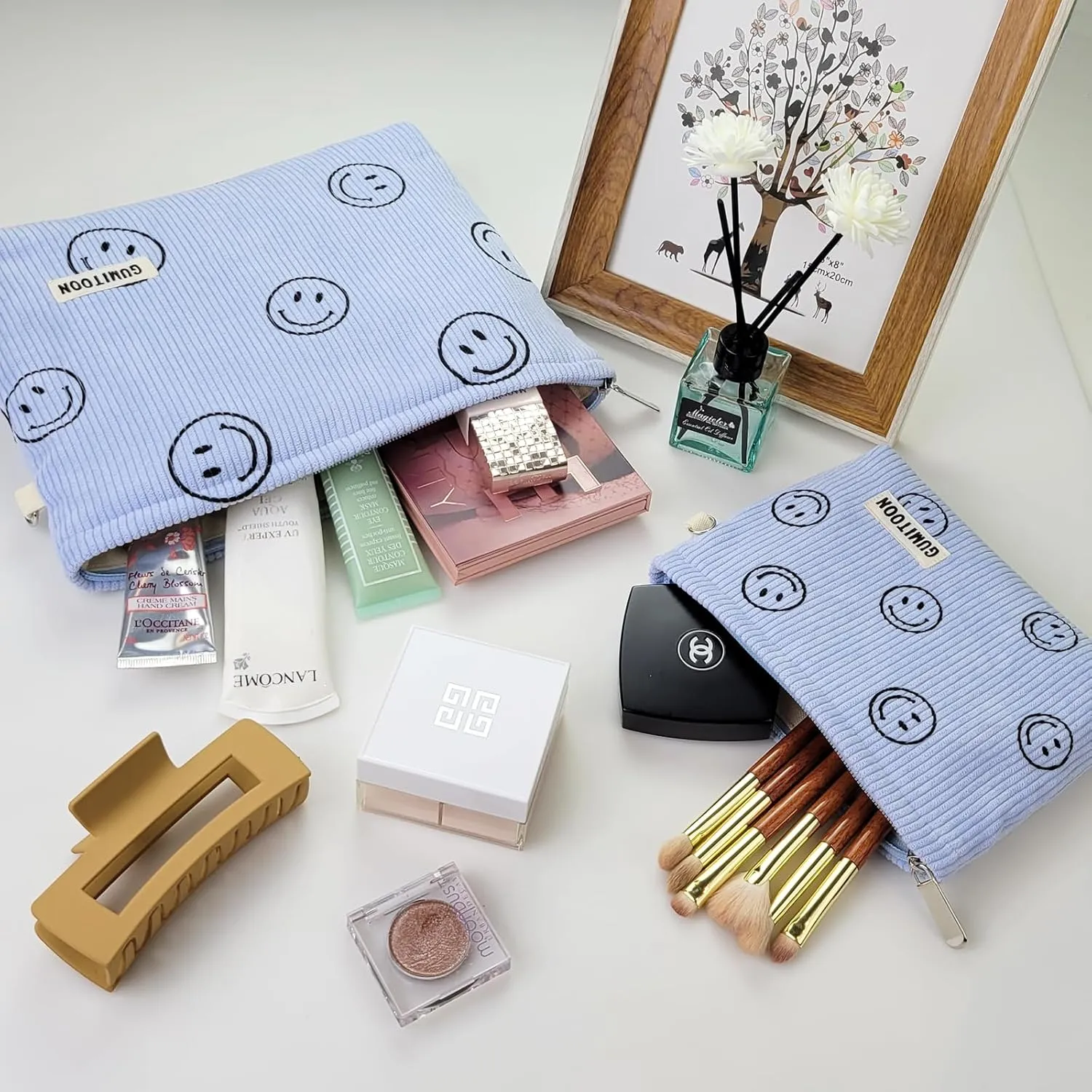 2pcs Cosmetic Bags,makeup bag for women,aesthetic organizer toiletry bags,travel essentials,travel size toiletries,a small make up bag and a big make up bag(blue Smiley face)