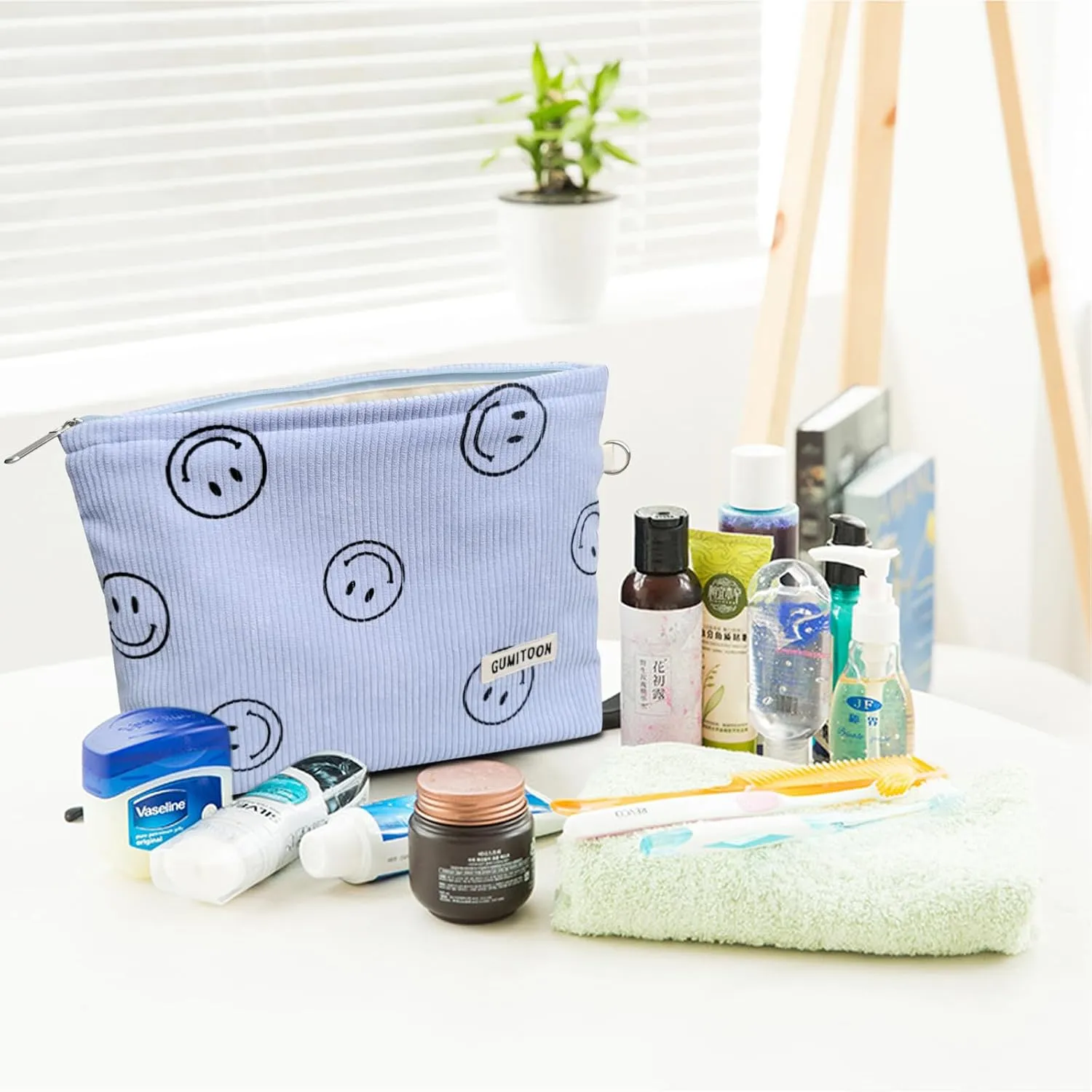 2pcs Cosmetic Bags,makeup bag for women,aesthetic organizer toiletry bags,travel essentials,travel size toiletries,a small make up bag and a big make up bag(blue Smiley face)