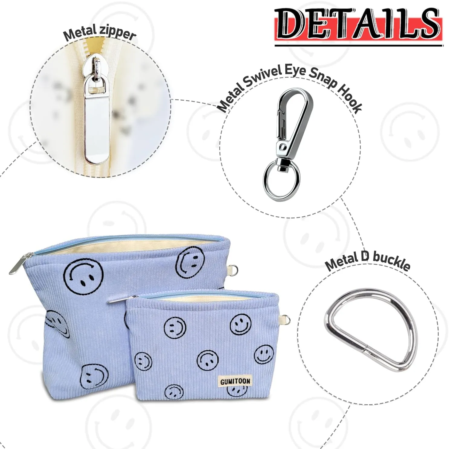2pcs Cosmetic Bags,makeup bag for women,aesthetic organizer toiletry bags,travel essentials,travel size toiletries,a small make up bag and a big make up bag(blue Smiley face)