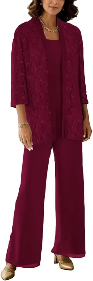 3 Pcs Mother of The Bride Pantsuits with Jackets 3/4 Long Sleeve Pant Suits for Women Dressy Wedding