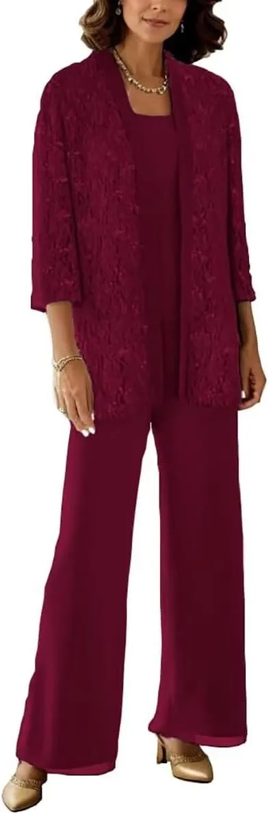 3 Pcs Mother of The Bride Pantsuits with Jackets 3/4 Long Sleeve Pant Suits for Women Dressy Wedding