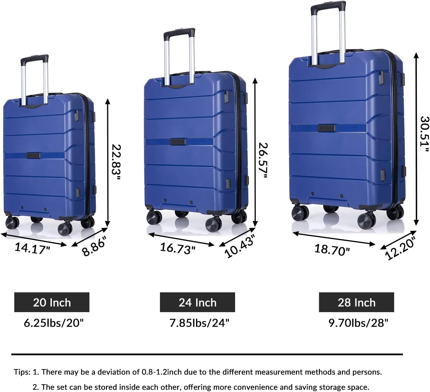 3 Piece Luggage Sets with Spinner Wheels Hardshell,Travel Suitcase&Rolling Suitcase&Hard Suitcases with Wheels,Adjustable Pull Rod,Name Card,TSA Lock,Two Hooks,Lightweight PP(20/24/28) (Navy)