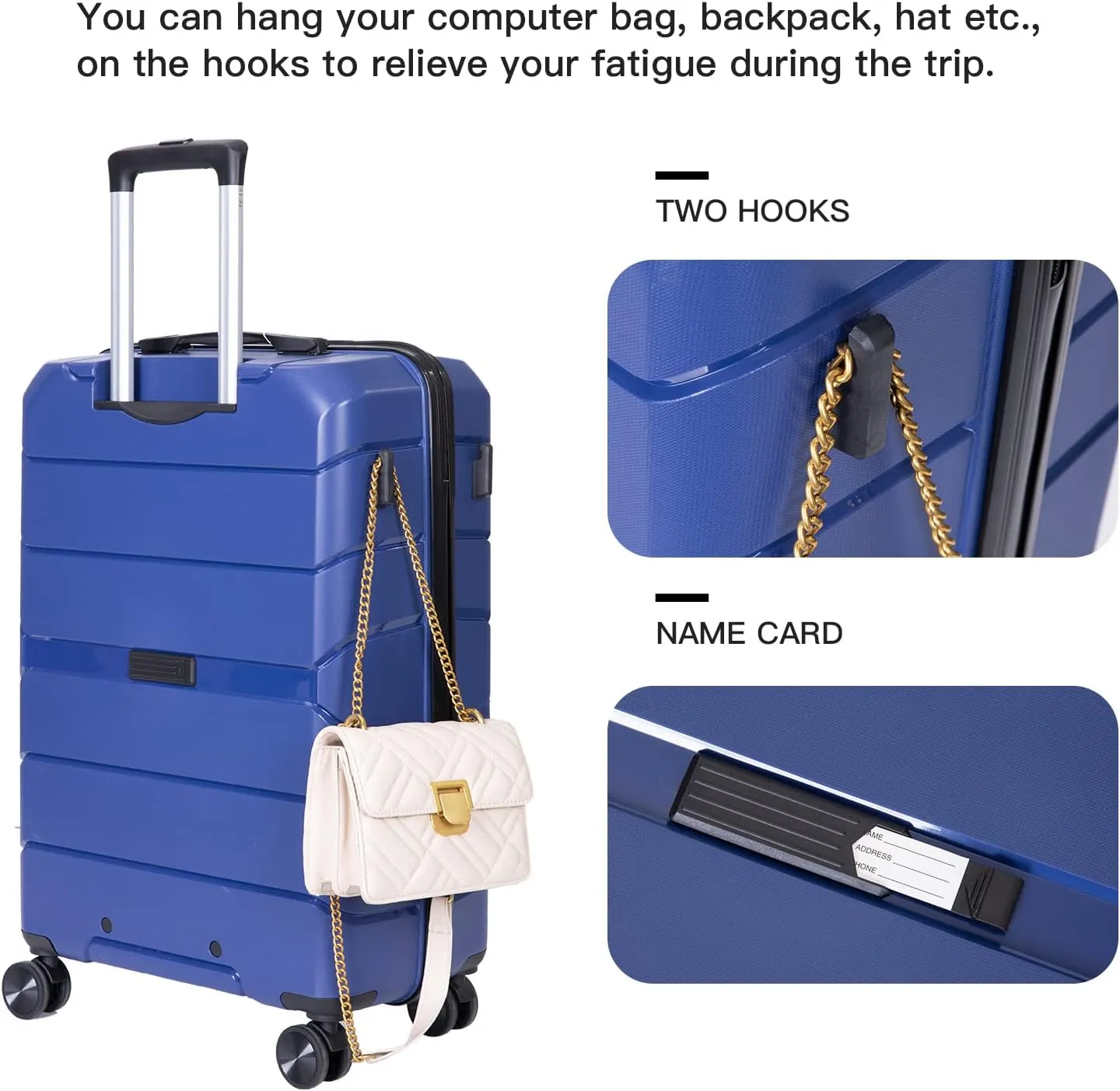 3 Piece Luggage Sets with Spinner Wheels Hardshell,Travel Suitcase&Rolling Suitcase&Hard Suitcases with Wheels,Adjustable Pull Rod,Name Card,TSA Lock,Two Hooks,Lightweight PP(20/24/28) (Navy)