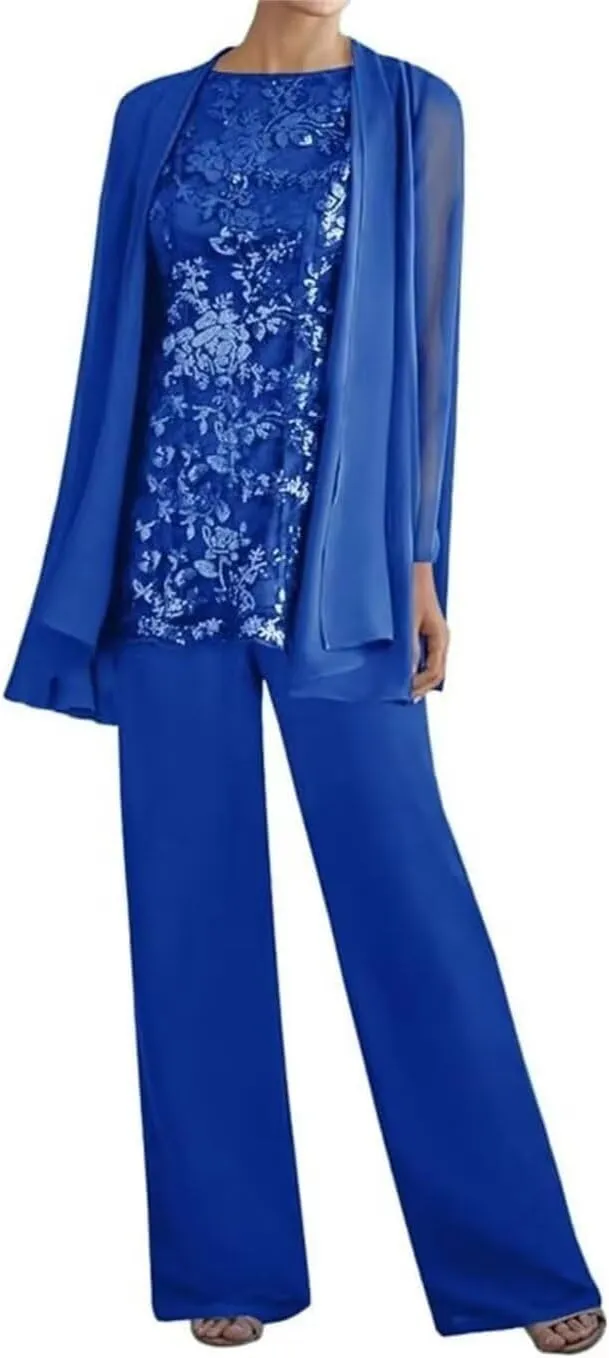 3 Pieces Dressy Pant Suits for Women Long Sleeve Lace Chiffon Outfits Formal Evening Gowns for Wedding with Jackets
