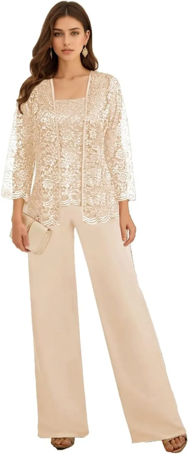 3 Pieces Mother of The Bride Pant Suits for Wedding Long Sleeve Chiffon Lace Formal Outfits for Women 2025 with Jackets