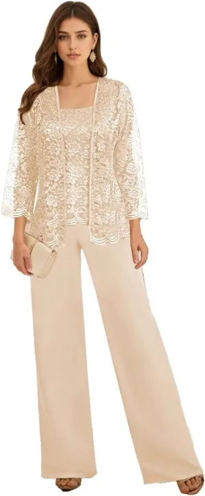 3 Pieces Mother of The Bride Pant Suits for Wedding Long Sleeve Chiffon Lace Formal Outfits for Women 2025 with Jackets