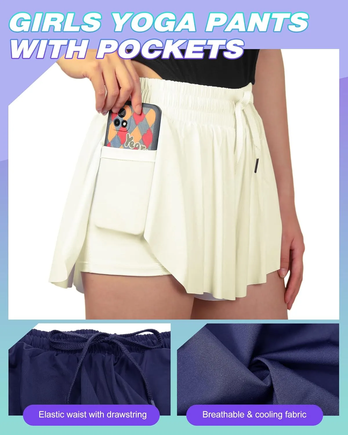 4 Pack Girls 2 in 1 Flowy Running Shorts with Pockets Teen Kids Butterfly Gym Shorts Summer Women Workout Yoga