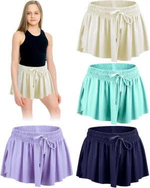 4 Pack Girls 2 in 1 Flowy Running Shorts with Pockets Teen Kids Butterfly Gym Shorts Summer Women Workout Yoga