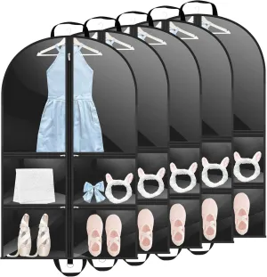 5Pcs Dance Garment Bags, Waterproof Hanging Garment Bag, Clear Kids Garment Dust Proof Bags for Suits and Dresses, With Multi Zippered Pockets for Dance Costumes,Sports,Theatre