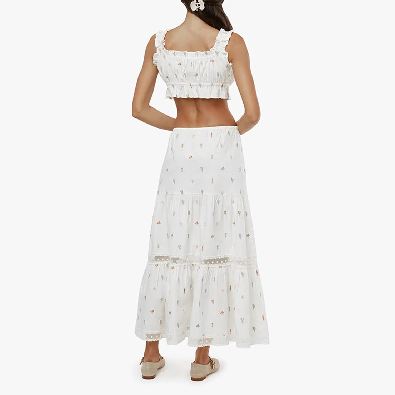 Adoeren Women Y2k Maxi Skirt Sets Ruffle Cami Crop Top Tiered Pleated Long Skirt 2 Piece Outfits Summer Casual Beachwear