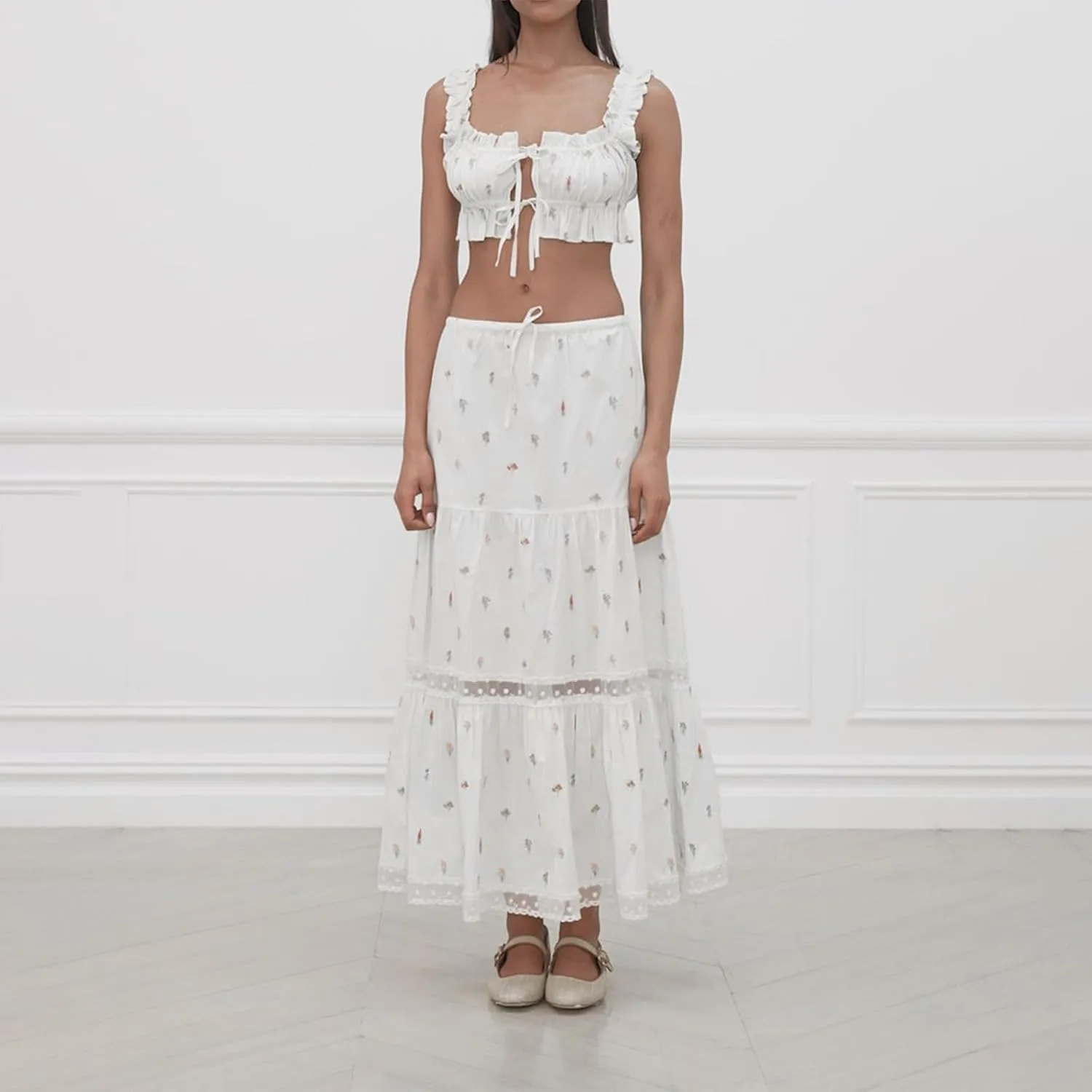 Adoeren Women Y2k Maxi Skirt Sets Ruffle Cami Crop Top Tiered Pleated Long Skirt 2 Piece Outfits Summer Casual Beachwear