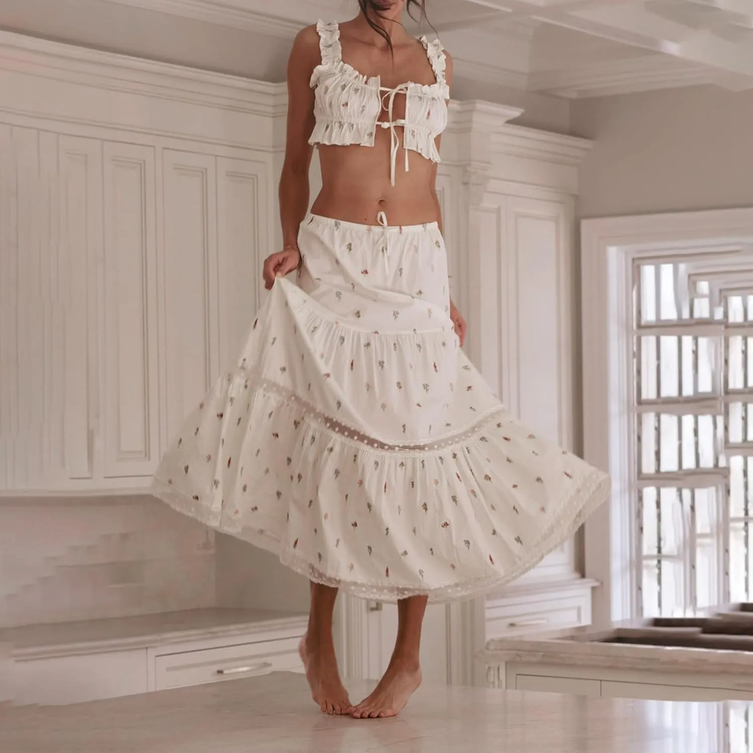 Adoeren Women Y2k Maxi Skirt Sets Ruffle Cami Crop Top Tiered Pleated Long Skirt 2 Piece Outfits Summer Casual Beachwear