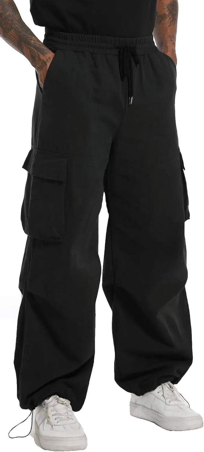 AITFINEISM Men's Baggy Cargo Pants Elastic Waist Drawstring Flap Pocket Beam Feet Streetwear Trousers