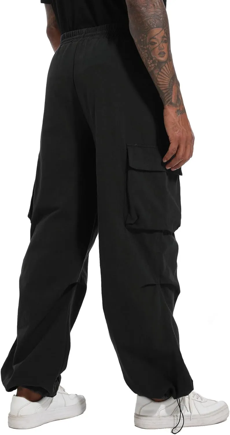 AITFINEISM Men's Baggy Cargo Pants Elastic Waist Drawstring Flap Pocket Beam Feet Streetwear Trousers