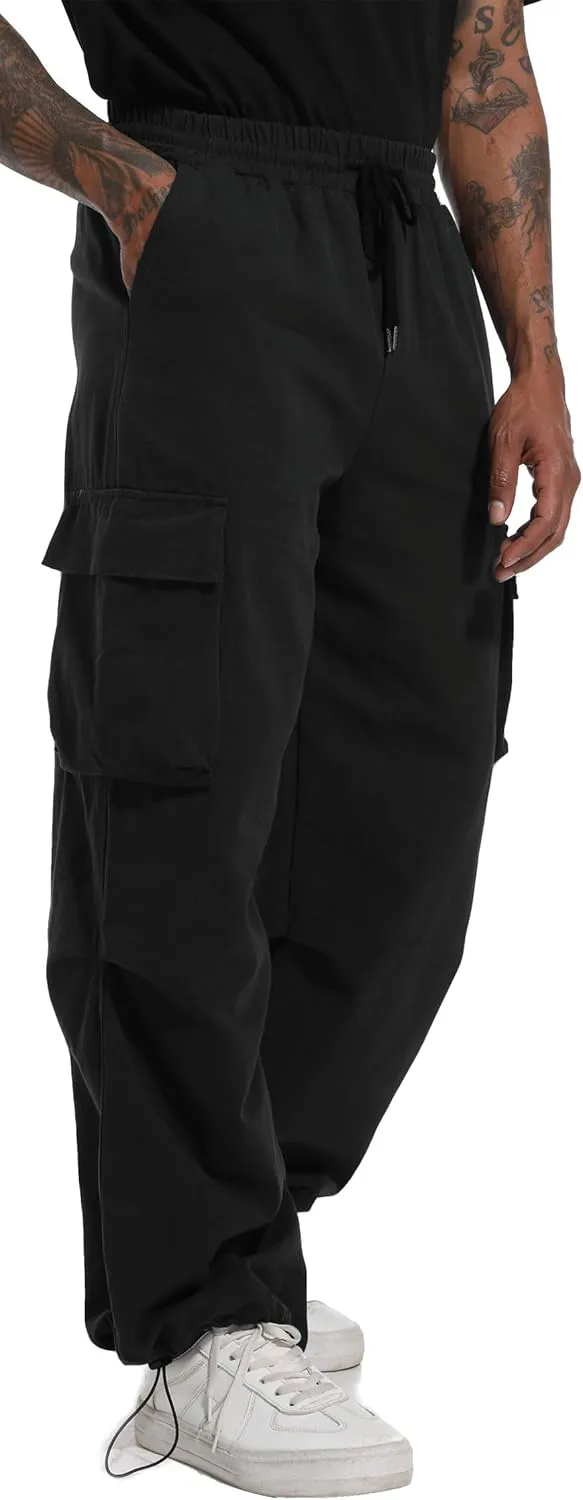 AITFINEISM Men's Baggy Cargo Pants Elastic Waist Drawstring Flap Pocket Beam Feet Streetwear Trousers