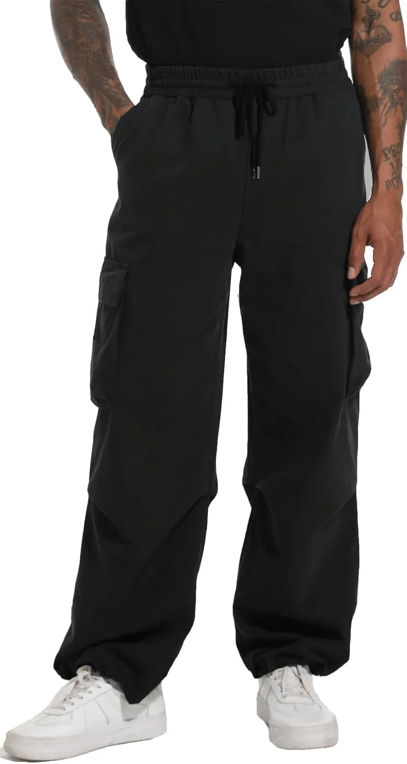 AITFINEISM Men's Baggy Cargo Pants Elastic Waist Drawstring Flap Pocket Beam Feet Streetwear Trousers