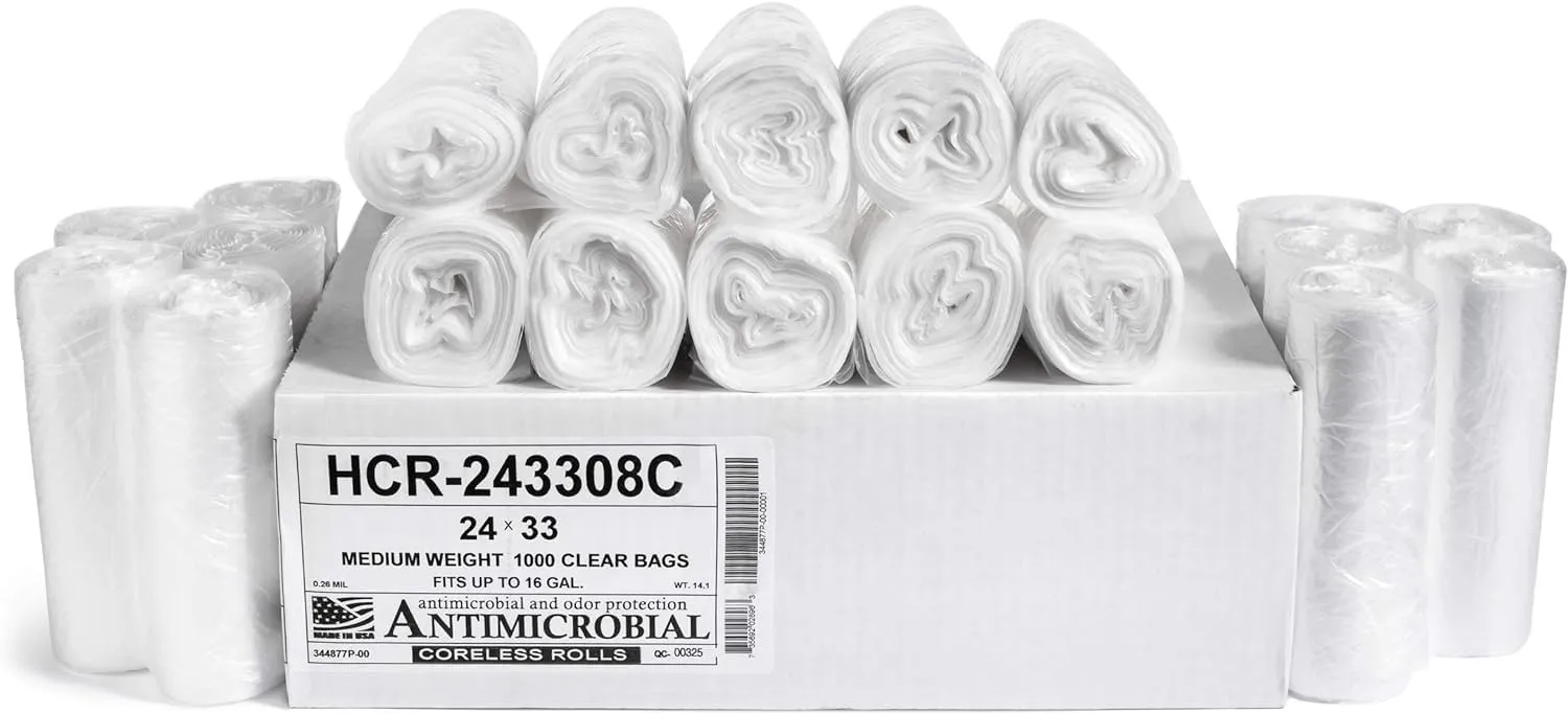 Aluf Plastics High Density Trash Bags, 16 Gallon, 1000 Count, 8 Micron (eq), 24" x 33", Clear, for Bathroom, Office, Industrial, Commercial, Janitorial, Municipal, Recycling