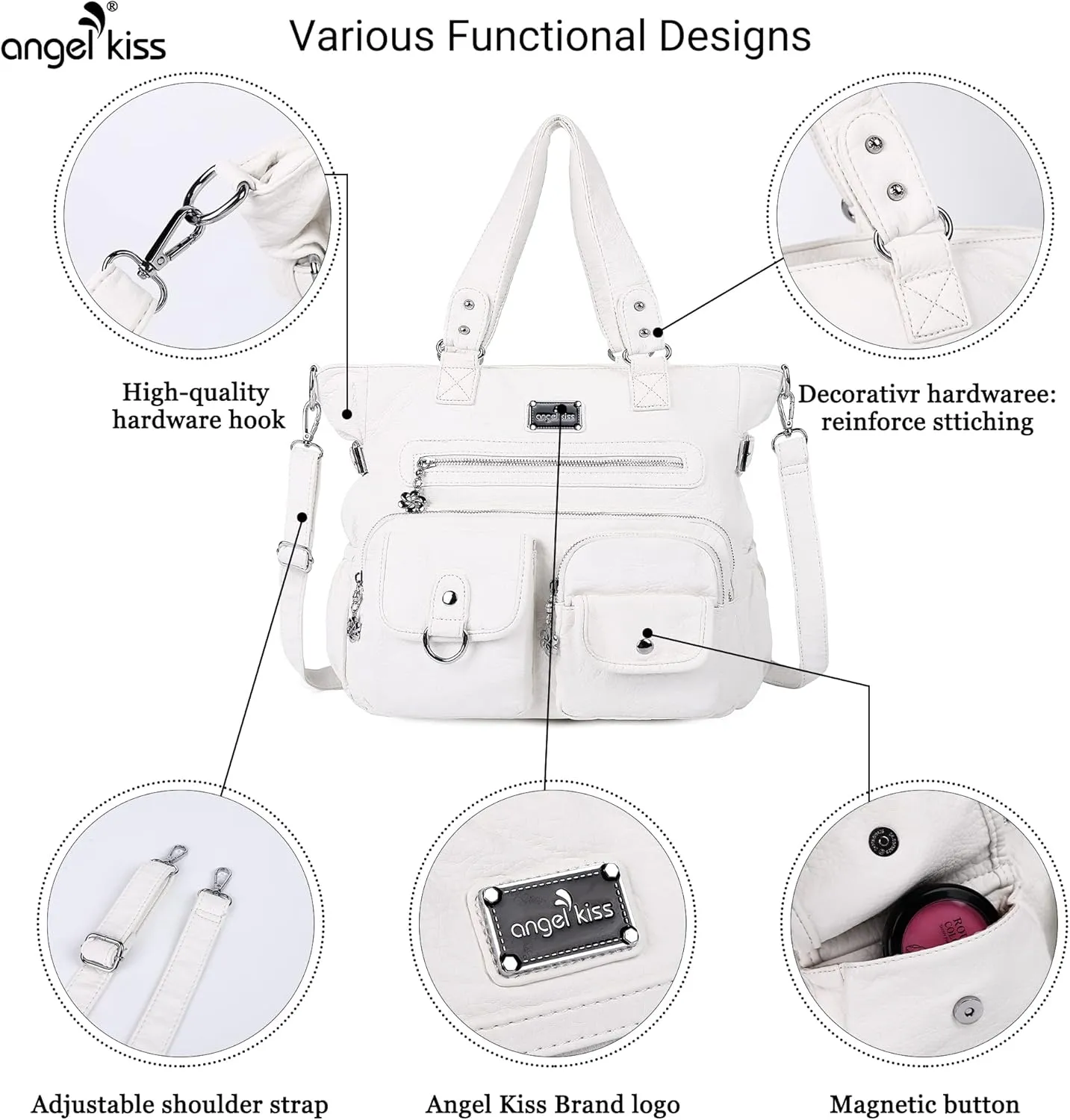 Angelkiss Purses Handbags for Women PU Tote Satchel Bags for Women Pockets Shoulder Bags