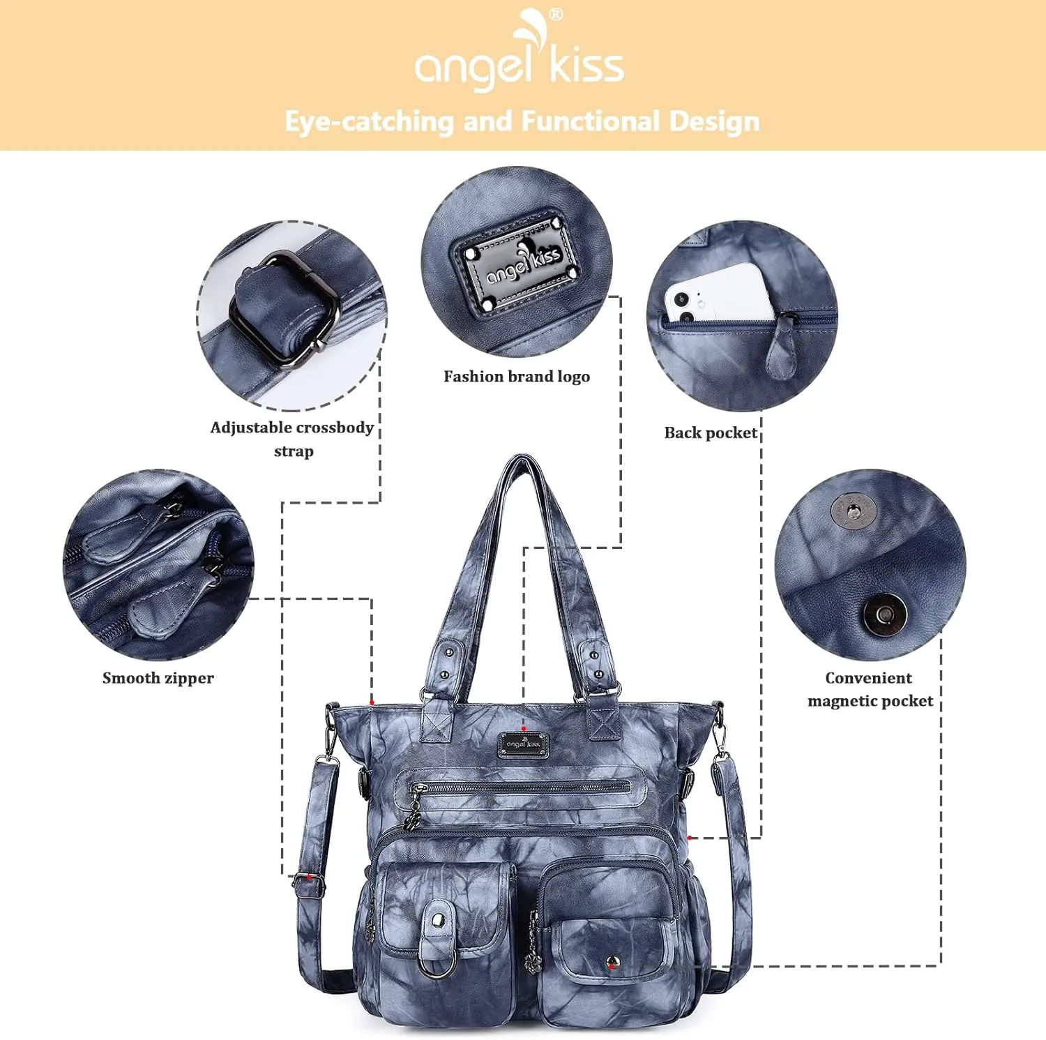 Angelkiss Purses Handbags for Women PU Tote Satchel Bags for Women Pockets Shoulder Bags