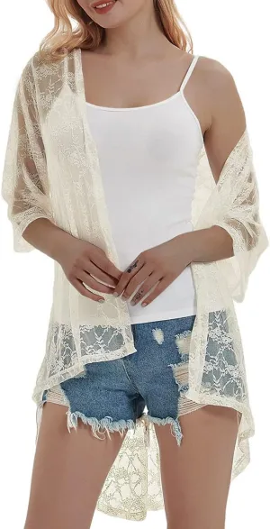 Anna-Kaci Women's Lace Cardigan Open Front 3/4 Sleeve Embroidered Midi Kimono Cardigan Cover Ups