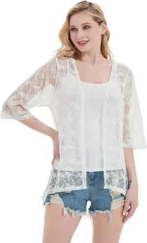 Anna-Kaci Women's Lace Cardigan Open Front 3/4 Sleeve Embroidered Midi Kimono Cardigan Cover Ups