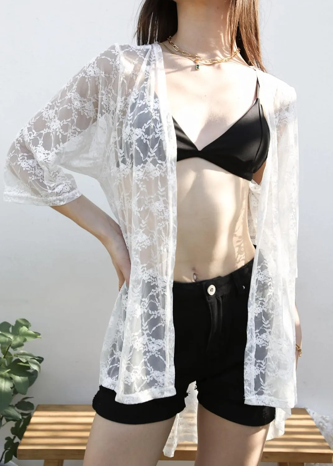 Anna-Kaci Women's Lace Cardigan Open Front 3/4 Sleeve Embroidered Midi Kimono Cardigan Cover Ups