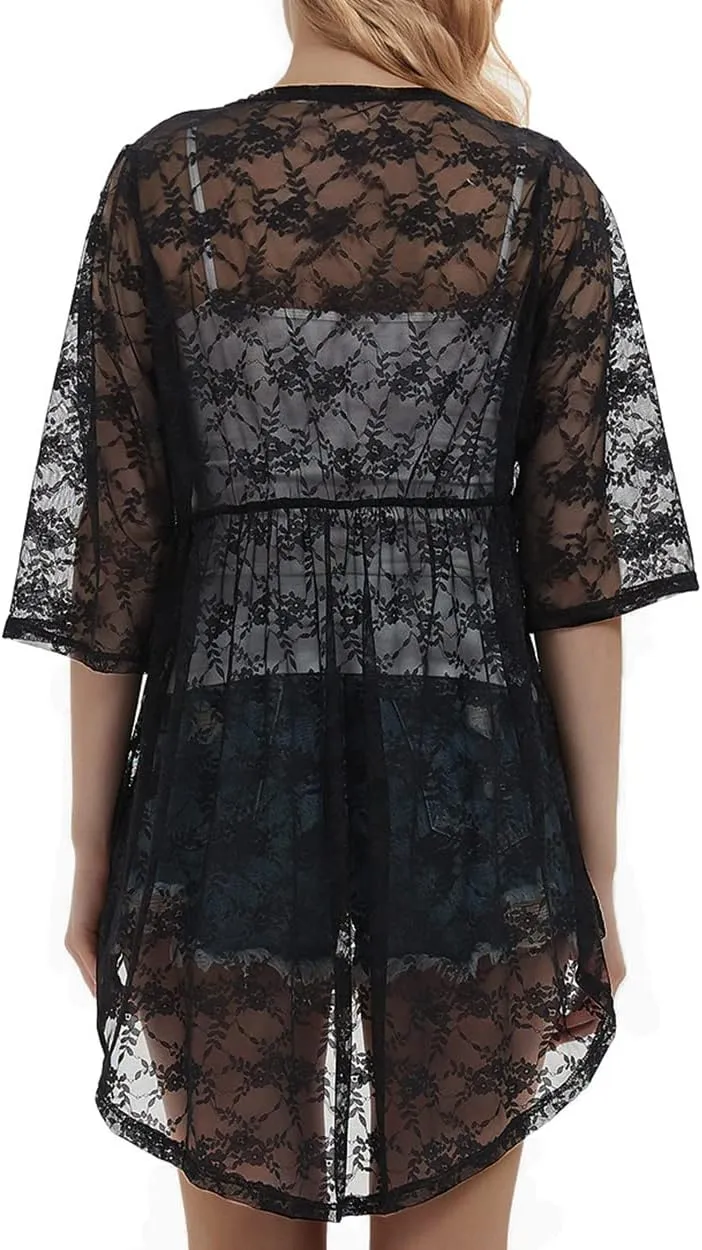 Anna-Kaci Women's Lace Cardigan Open Front 3/4 Sleeve Embroidered Midi Kimono Cardigan Cover Ups