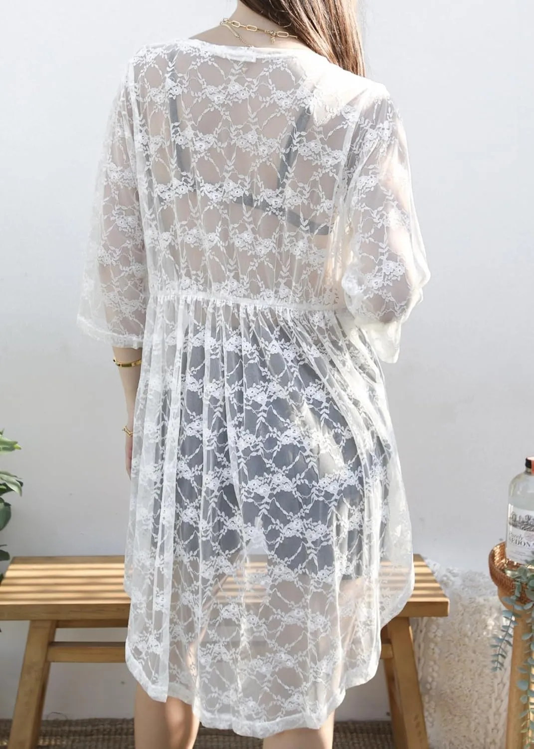 Anna-Kaci Women's Lace Cardigan Open Front 3/4 Sleeve Embroidered Midi Kimono Cardigan Cover Ups