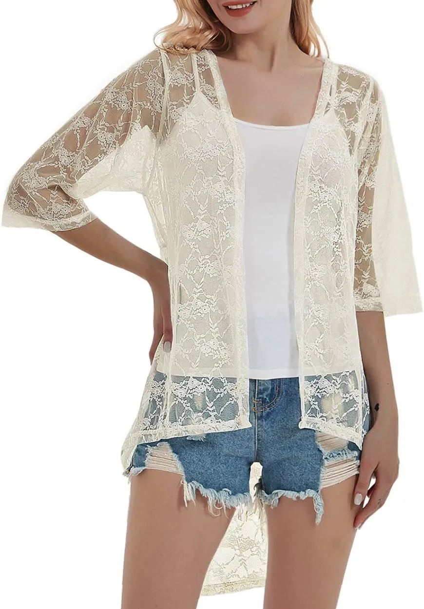 Anna-Kaci Women's Lace Cardigan Open Front 3/4 Sleeve Embroidered Midi Kimono Cardigan Cover Ups