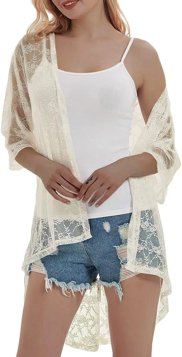 Anna-Kaci Women's Lace Cardigan Open Front 3/4 Sleeve Embroidered Midi Kimono Cardigan Cover Ups