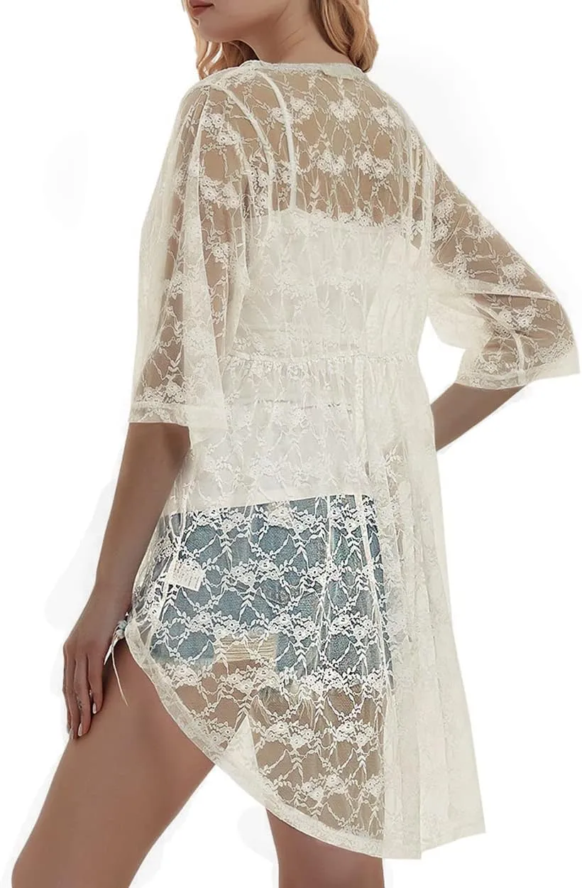 Anna-Kaci Women's Lace Cardigan Open Front 3/4 Sleeve Embroidered Midi Kimono Cardigan Cover Ups