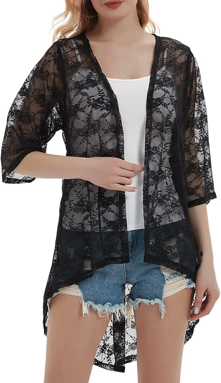 Anna-Kaci Women's Lace Cardigan Open Front 3/4 Sleeve Embroidered Midi Kimono Cardigan Cover Ups