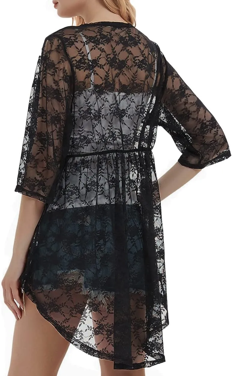 Anna-Kaci Women's Lace Cardigan Open Front 3/4 Sleeve Embroidered Midi Kimono Cardigan Cover Ups
