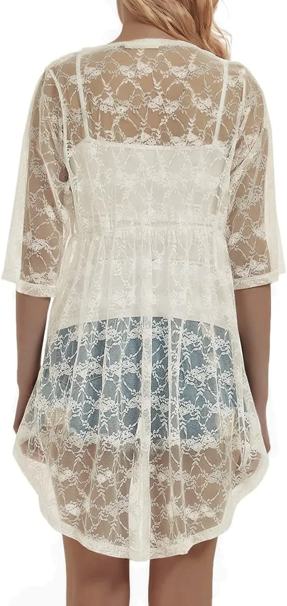 Anna-Kaci Women's Lace Cardigan Open Front 3/4 Sleeve Embroidered Midi Kimono Cardigan Cover Ups