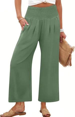 ANRABESS Womens Pants Wide Leg High Waisted Palazzo Pants Summer Flowy Beach Lounge Casual Trousers with Pockets