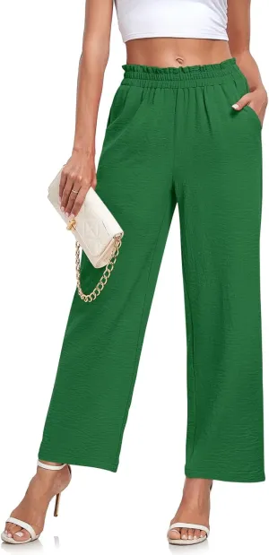 Anydeer Women Pants Loose Wide Leg Trousers Straight Casual Dressy Palazzo Ruffle High Waist Slacks with Pockets