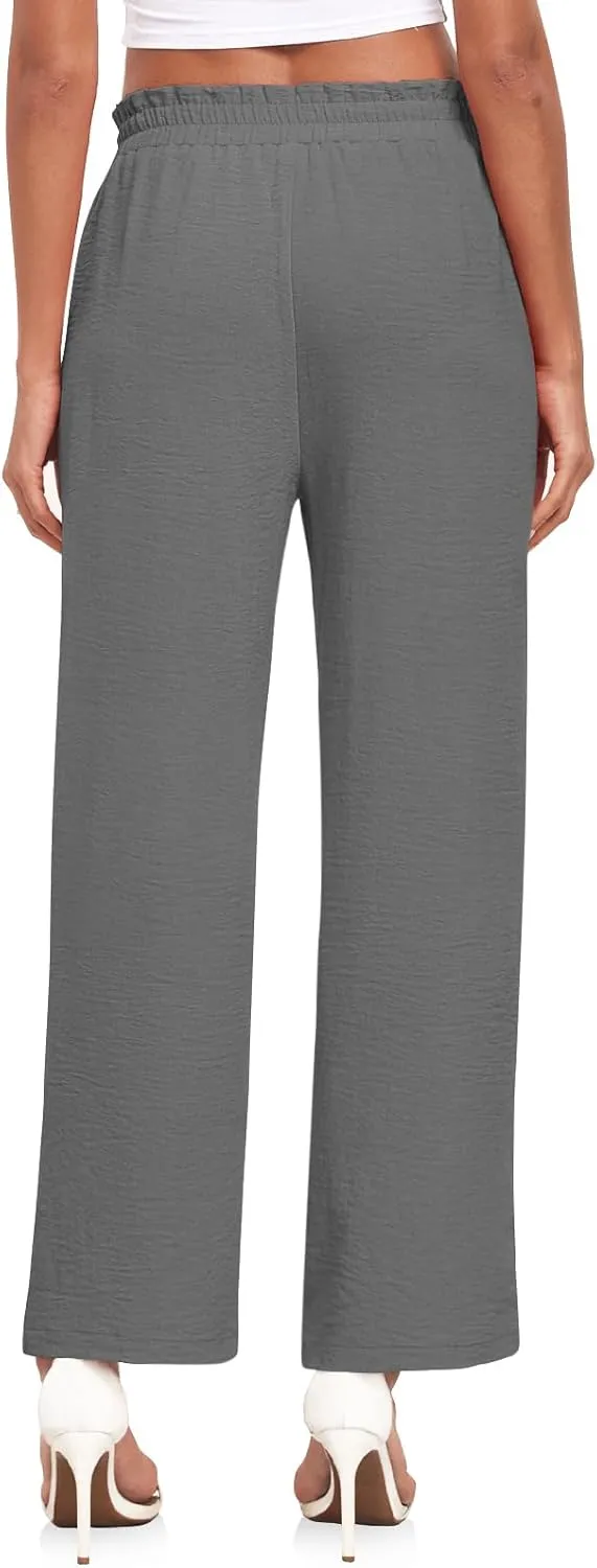 Anydeer Women Pants Loose Wide Leg Trousers Straight Casual Dressy Palazzo Ruffle High Waist Slacks with Pockets