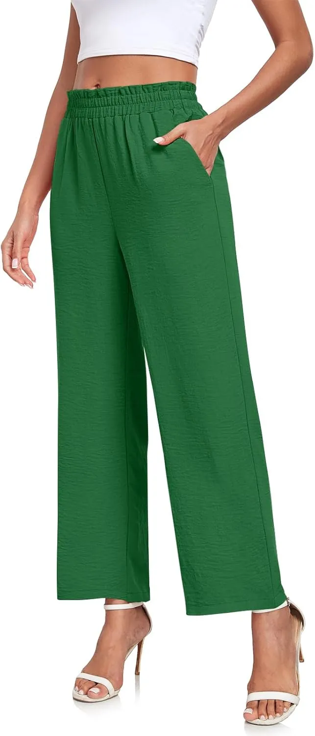 Anydeer Women Pants Loose Wide Leg Trousers Straight Casual Dressy Palazzo Ruffle High Waist Slacks with Pockets