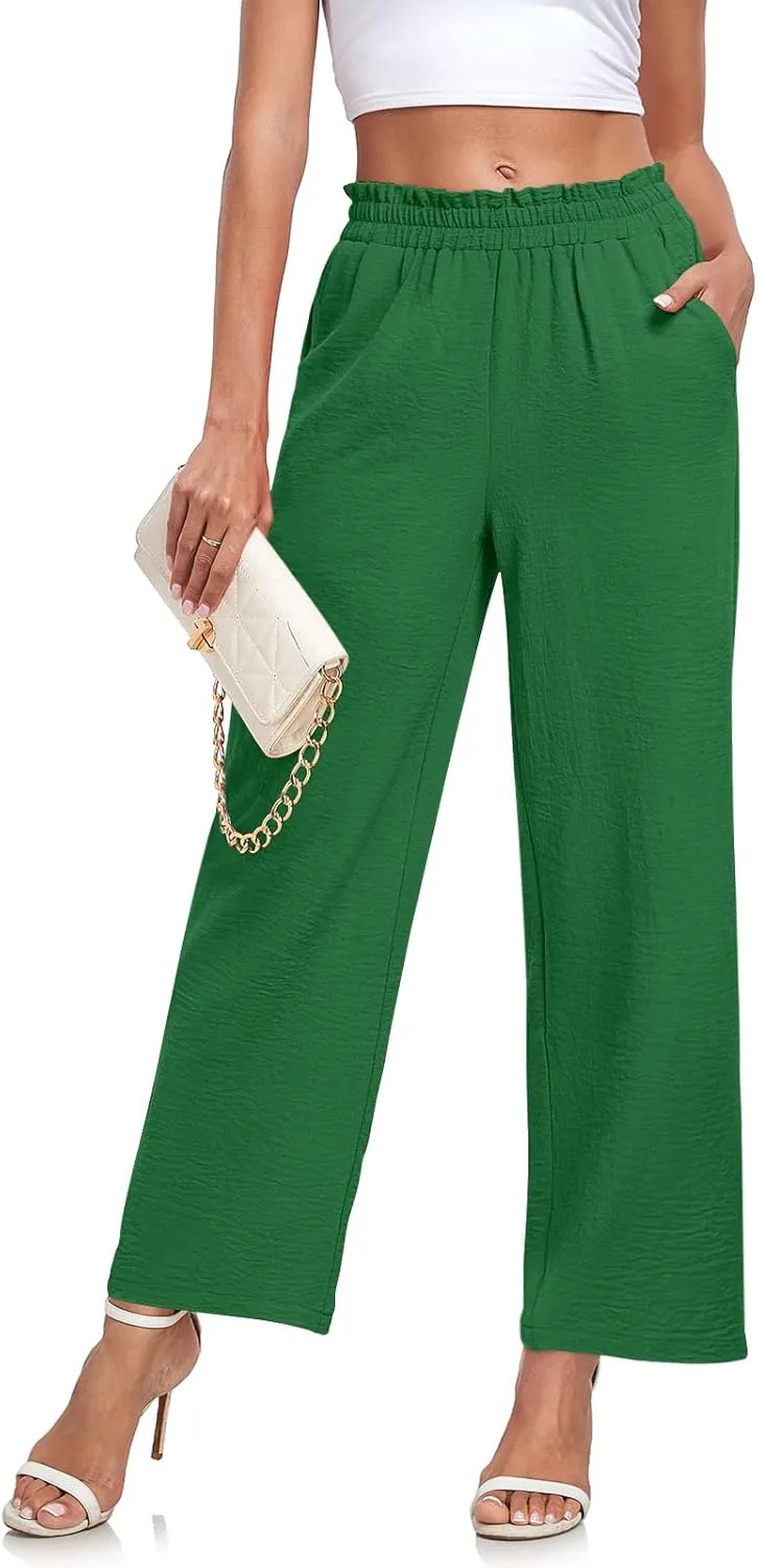 Anydeer Women Pants Loose Wide Leg Trousers Straight Casual Dressy Palazzo Ruffle High Waist Slacks with Pockets