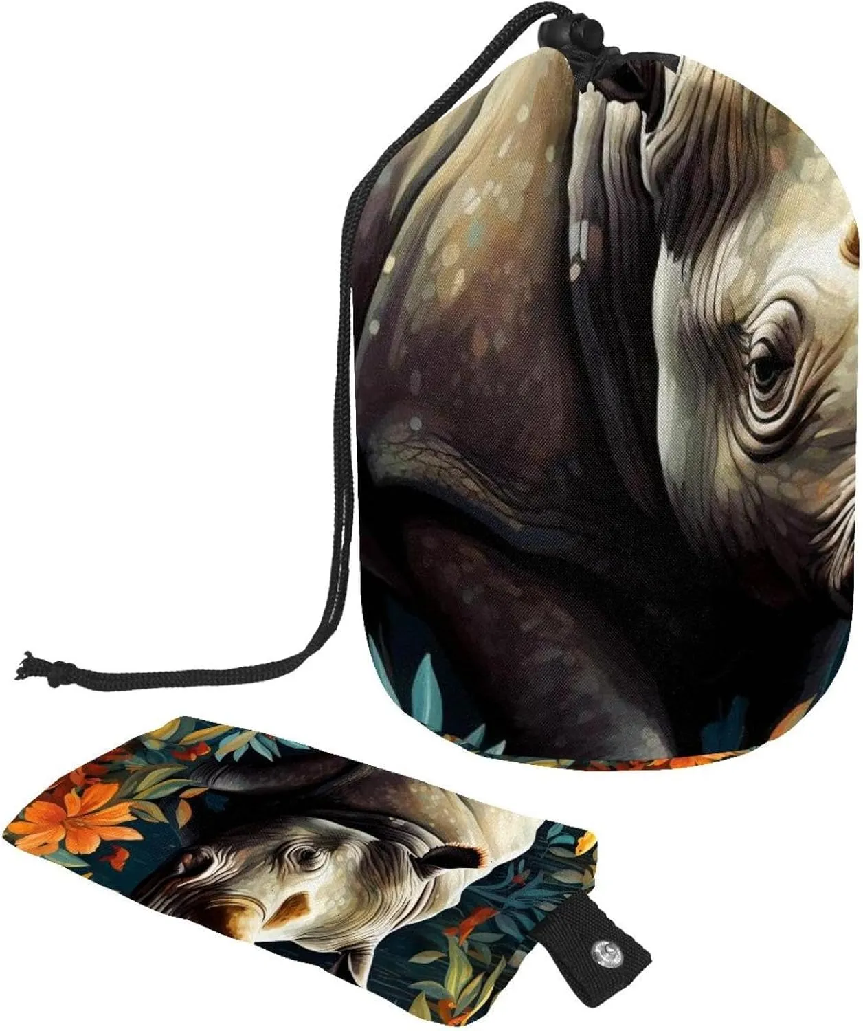 Art Rhino Pattern 37 Travel Cosmetic Bags Makeup Bag for Women, Foldable Drawstring Travel Cosmetic Bags, Portable Toiletry Bucket Bag