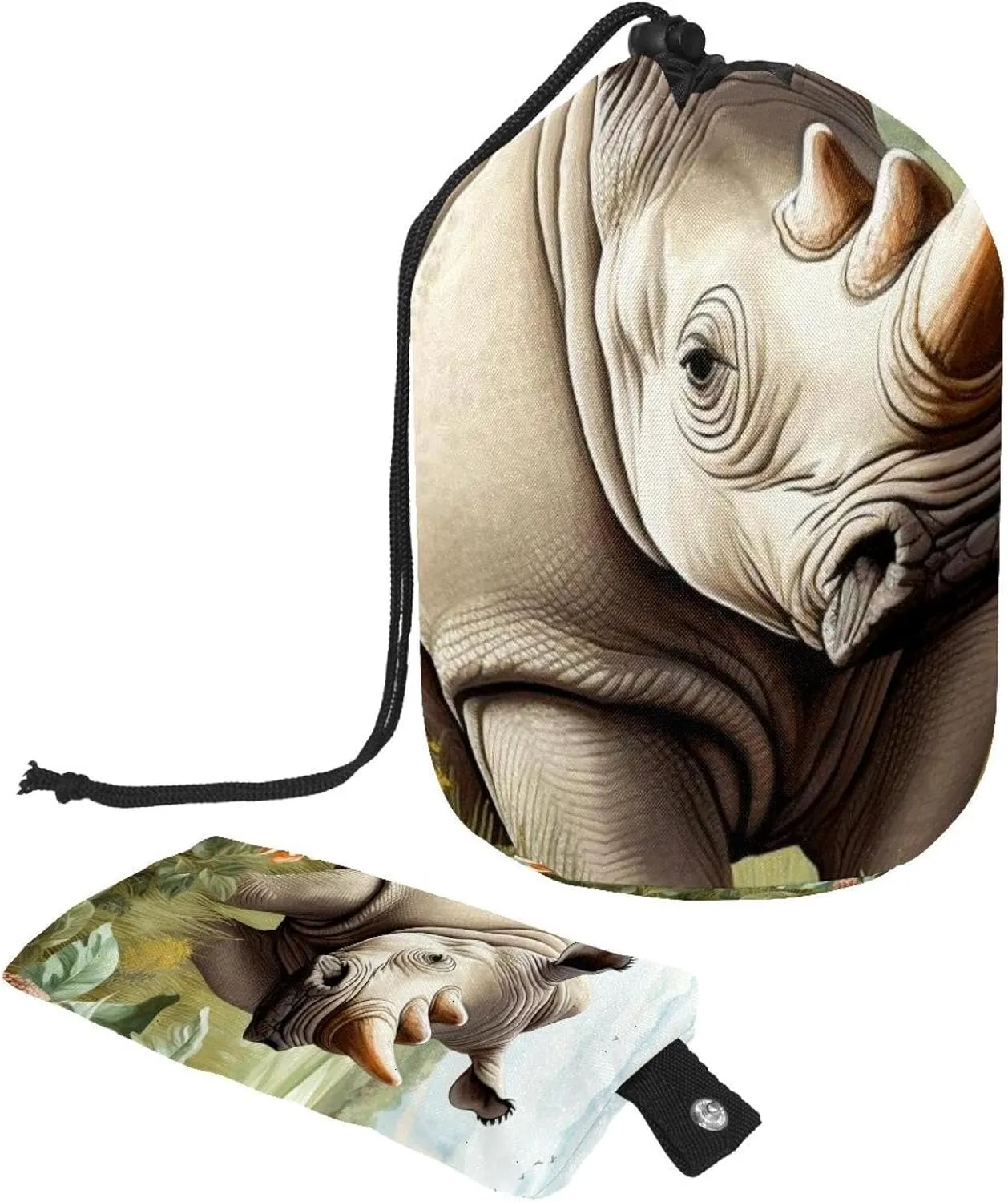 Art Rhino with Flowers 13 Travel Cosmetic Bags Makeup Bag for Women, Foldable Drawstring Travel Cosmetic Bags, Portable Toiletry Bucket Bag