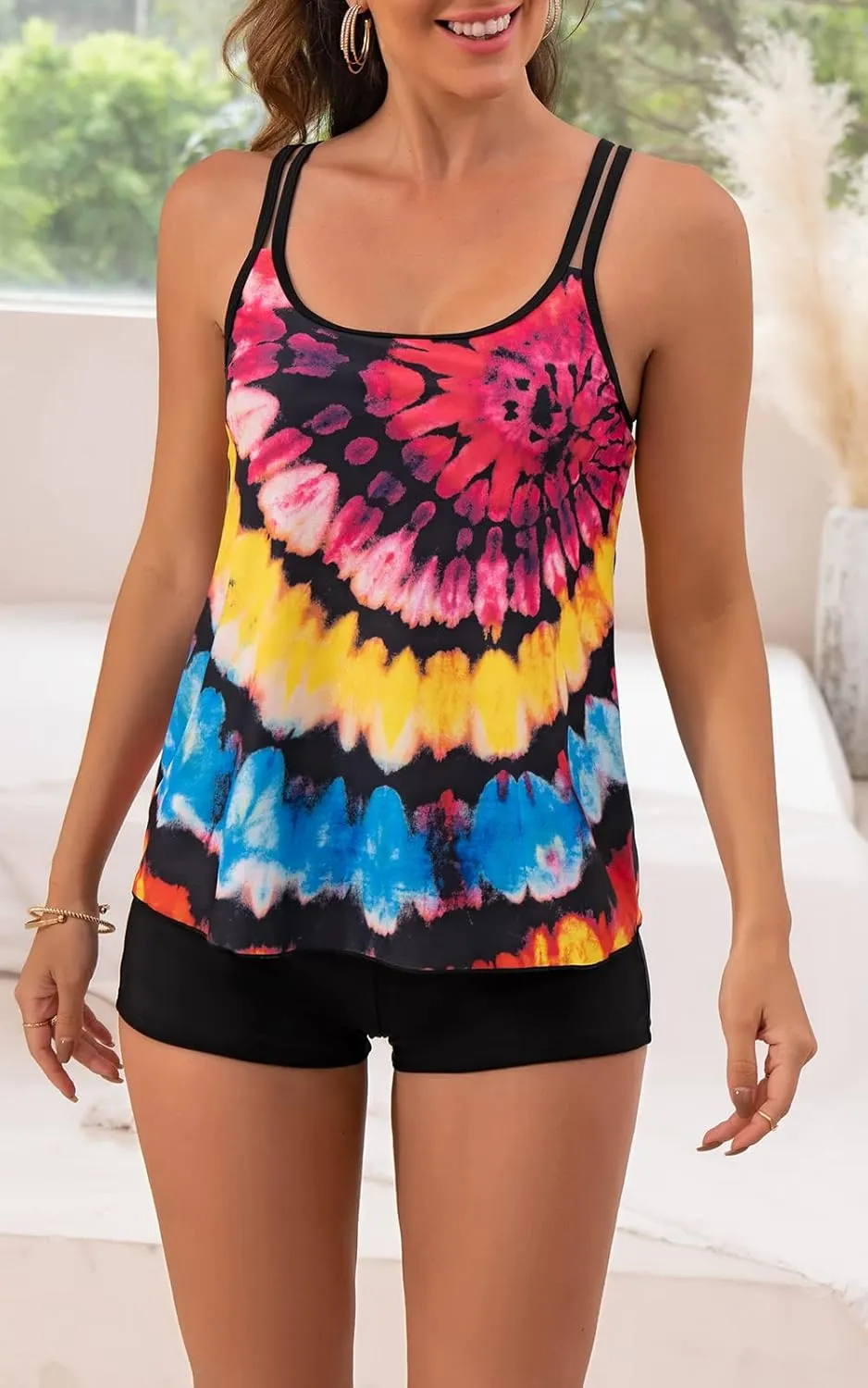 B2prity Tankini Swimsuits for Women Two Piece Bathing Suits Tummy Control Long Torso Tank Tops with Shorts