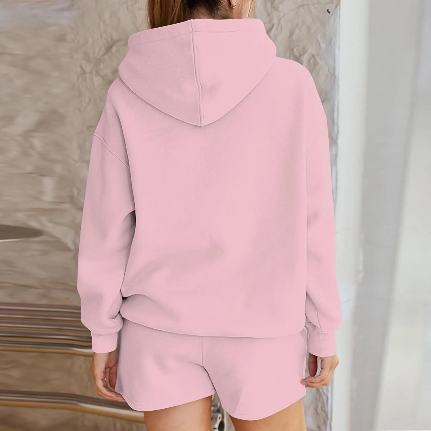 Basysin Lounge Sets for Women Womens 2 Piece Outfits Solid Oversized Hoodies Sweatsuit Sets Casual Sweatshirt and Shorts Set