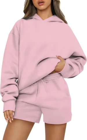 Basysin Lounge Sets for Women Womens 2 Piece Outfits Solid Oversized Hoodies Sweatsuit Sets Casual Sweatshirt and Shorts Set