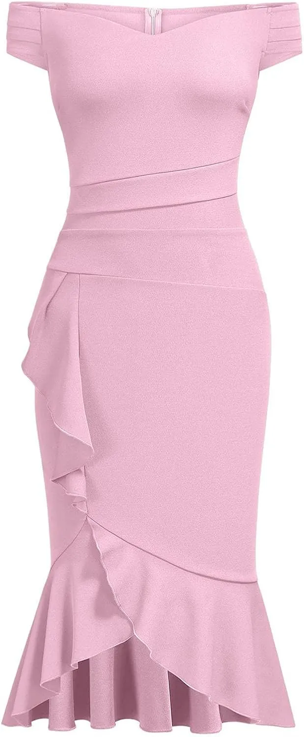 BAXLIMEK Cocktail Dresses for Women,2025 Elegant Sexy Bodycon Off Shoulder Formal Dress Ruffle Irregular Slit Hem Party Dress