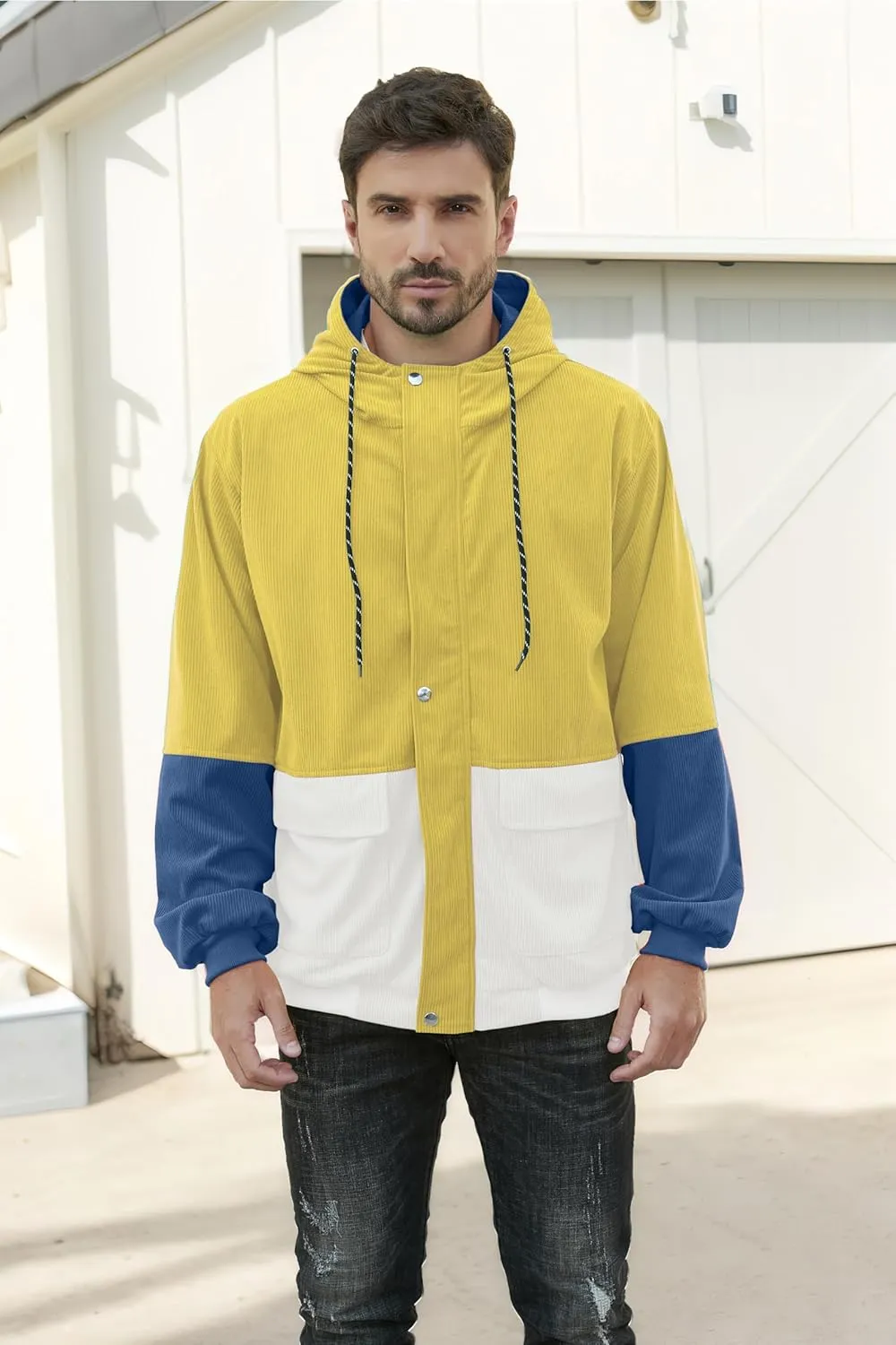 Betusline Men's Retro Long Sleeve Color Block Corduroy Jacket with Hood, XS-3XL