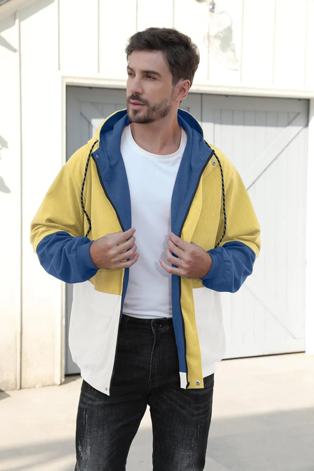 Betusline Men's Retro Long Sleeve Color Block Corduroy Jacket with Hood, XS-3XL