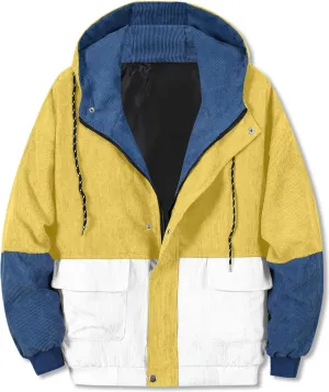 Betusline Men's Retro Long Sleeve Color Block Corduroy Jacket with Hood, XS-3XL