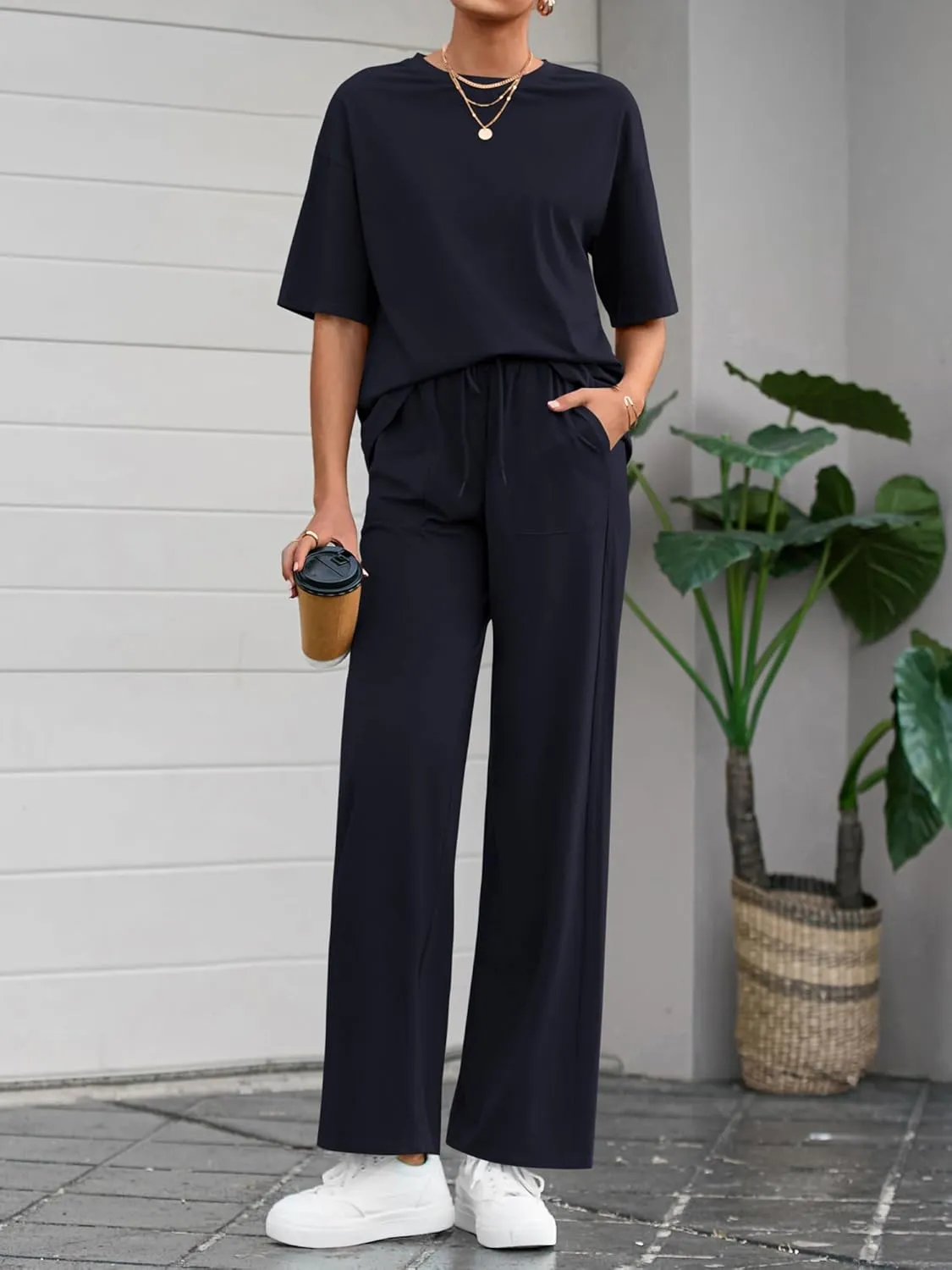 BTFBM 2 Piece Sets For Women Summer Short Sleeve Top Wide Leg Pants Casual Airport Travel Outfits Lounge Sets Tracksuits