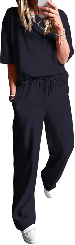 BTFBM 2 Piece Sets For Women Summer Short Sleeve Top Wide Leg Pants Casual Airport Travel Outfits Lounge Sets Tracksuits